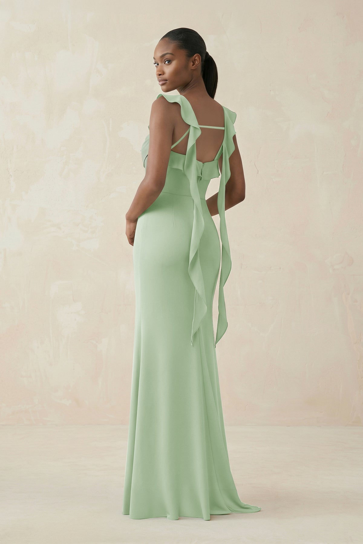 Ruffled Sleeve Sheath Satin Bridesmaid Dress in Sage - SHE IS ME Bridesmaid Dresses