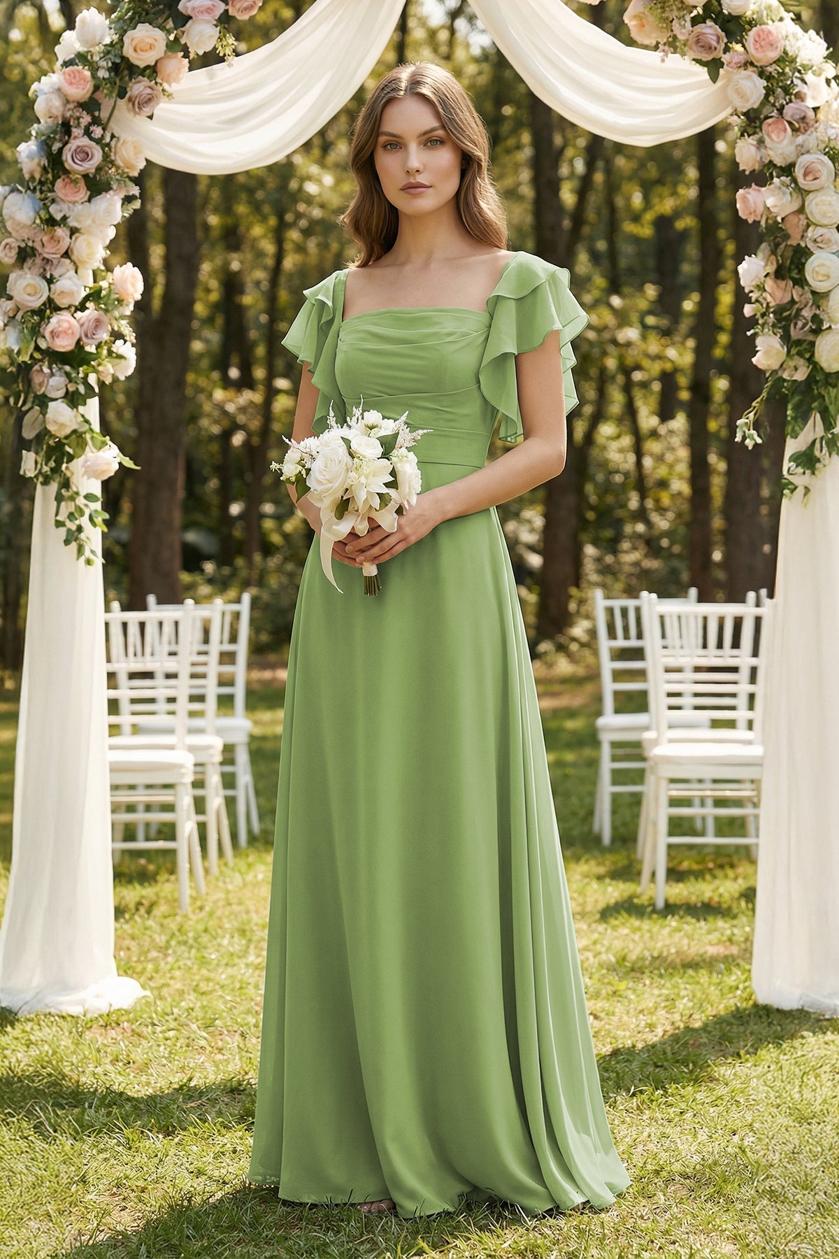 Ruffled Sleeves A-Line Chiffon Bridesmaid Dress in Matcha - SHE IS ME BRIDESMAID DRESSES