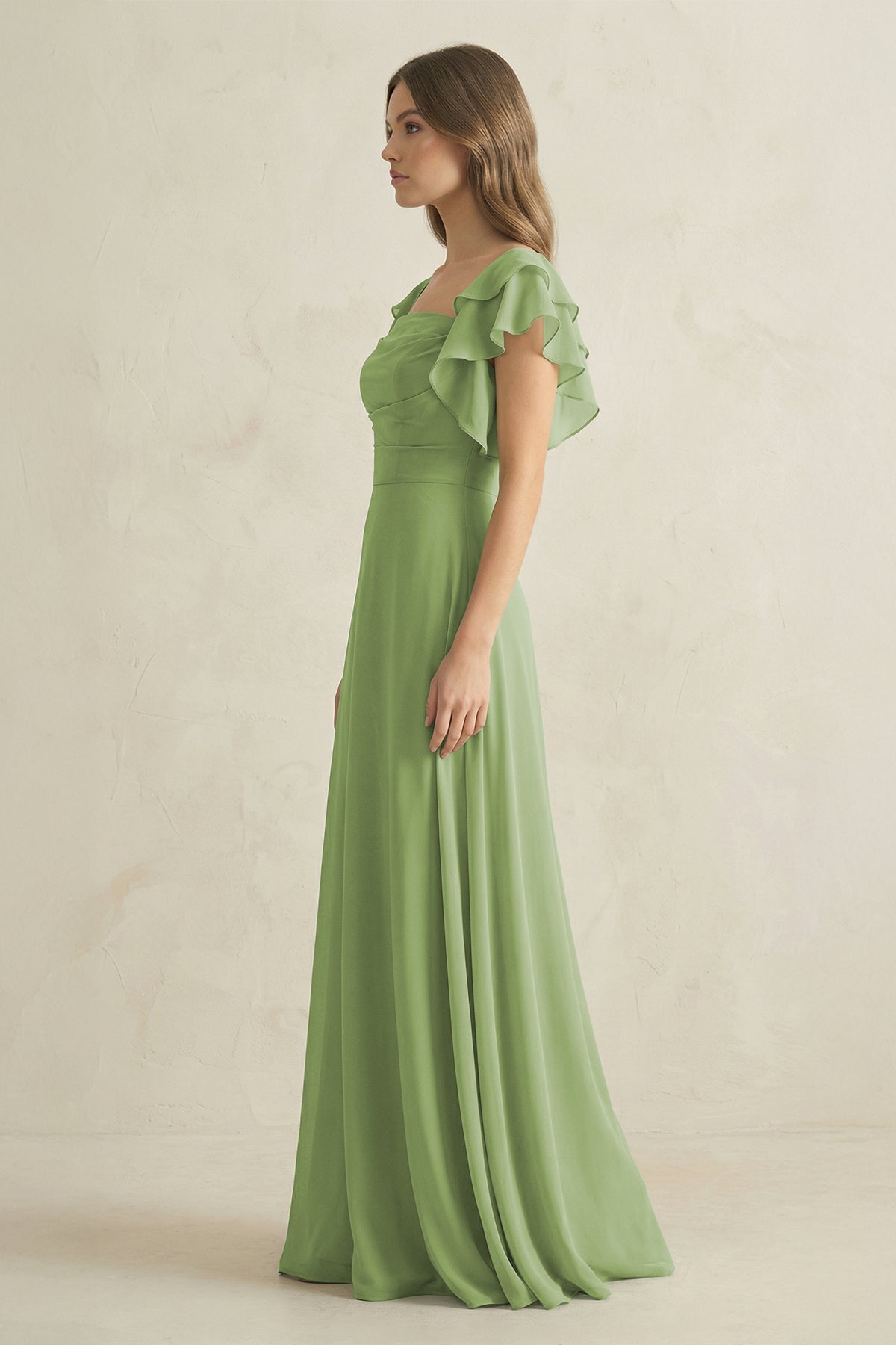 Ruffled Sleeves A-Line Chiffon Bridesmaid Dress in Matcha - SHE IS ME BRIDESMAID DRESSES