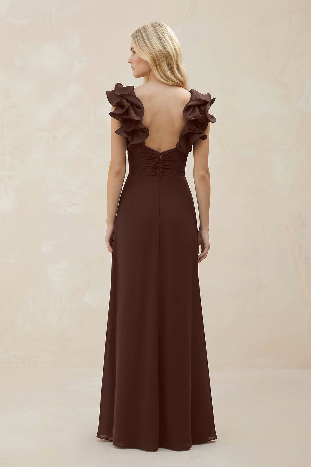 Ruffled Sleeves A - Line Chiffon Sweetheart Bridesmaid Dress in Espresso - SHE IS ME Bridesmaid Dresses