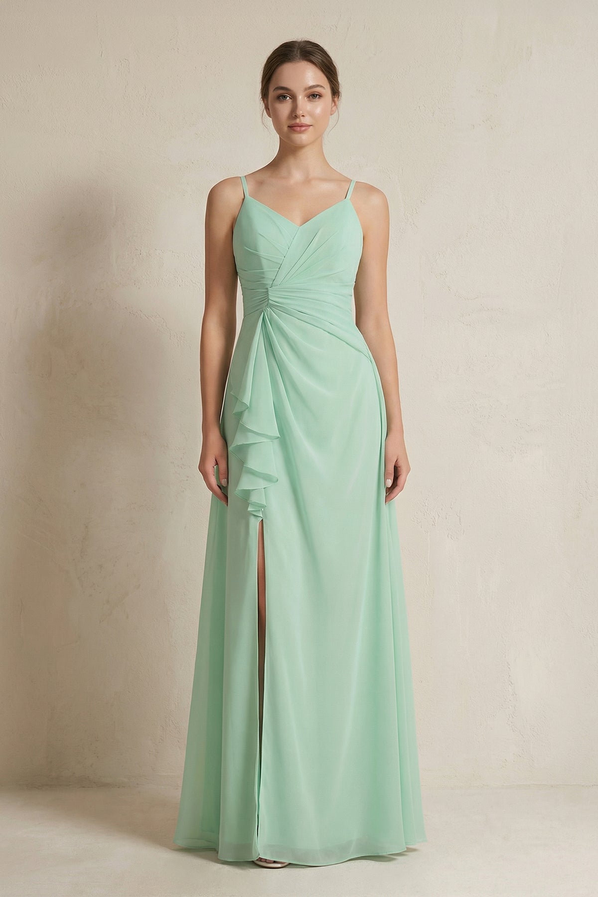 A-Line Ruffled Spaghetti Strap Chiffon Bridesmaid Dress in Pale Pistachio - SHE IS ME BRIDESMAID DRESSES