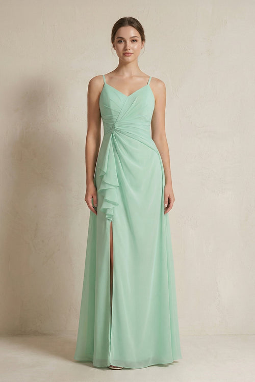 A-Line Ruffled Spaghetti Strap Chiffon Bridesmaid Dress in Pale Pistachio - SHE IS ME BRIDESMAID DRESSES