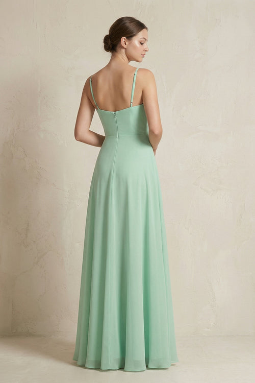 A-Line Ruffled Spaghetti Strap Chiffon Bridesmaid Dress in Pale Pistachio - SHE IS ME BRIDESMAID DRESSES