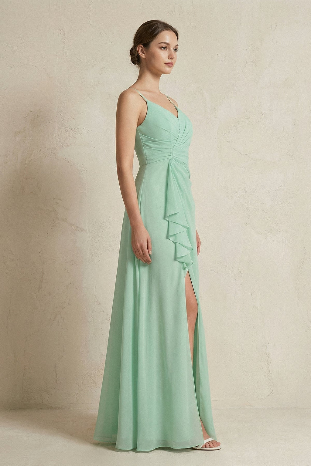 A-Line Ruffled Spaghetti Strap Chiffon Bridesmaid Dress in Pale Pistachio - SHE IS ME BRIDESMAID DRESSES
