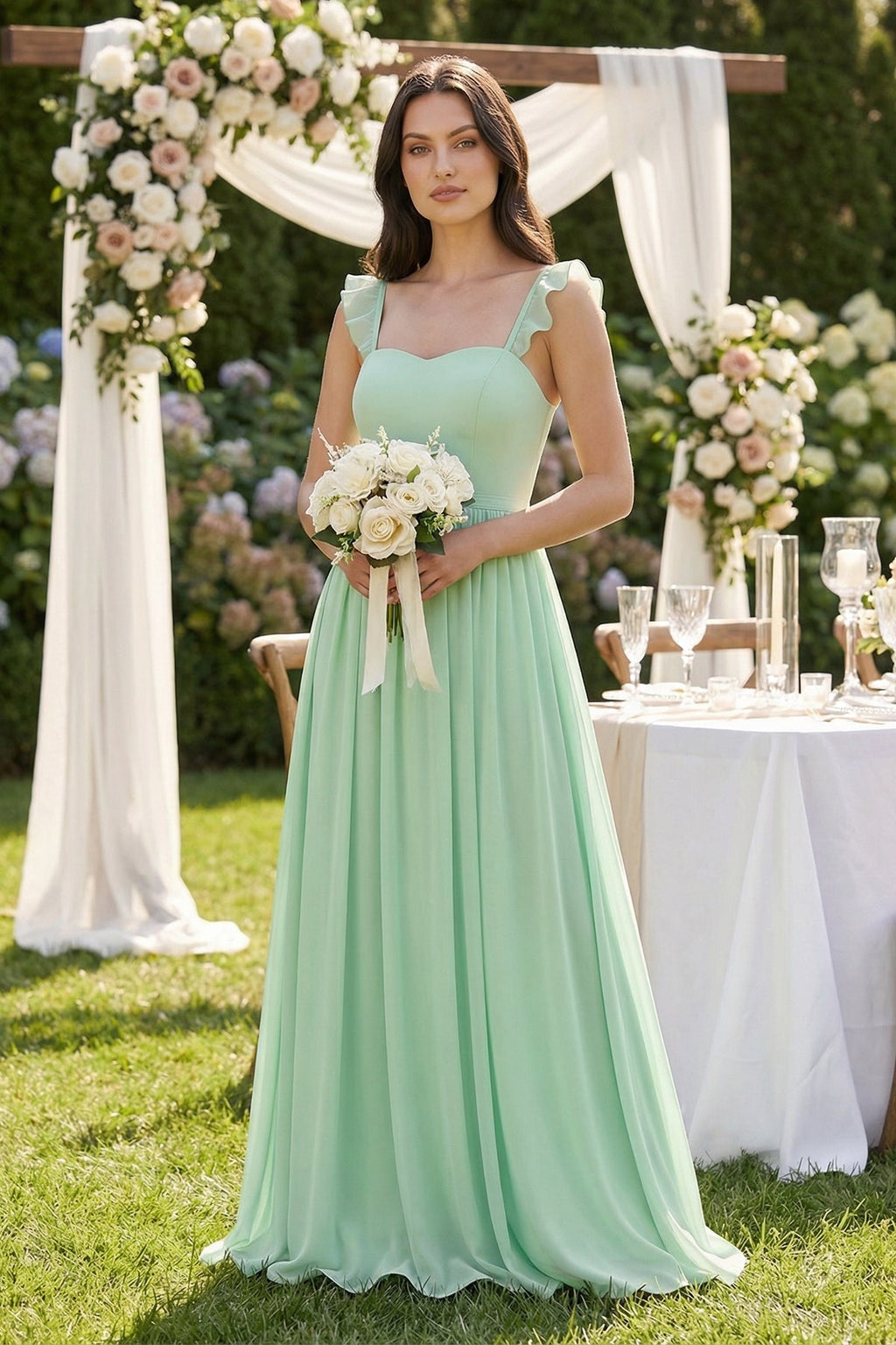Ruffled Spaghetti Strap Chiffon A-Line Bridesmaid Dress in Pale Pistachio - SHE IS ME BRIDESMAID DRESSES