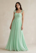 Ruffled Spaghetti Strap Chiffon A-Line Bridesmaid Dress in Pale Pistachio - SHE IS ME BRIDESMAID DRESSES