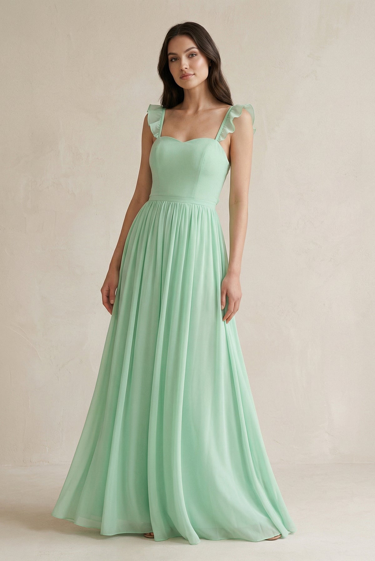 Ruffled Spaghetti Strap Chiffon A-Line Bridesmaid Dress in Pale Pistachio - SHE IS ME BRIDESMAID DRESSES