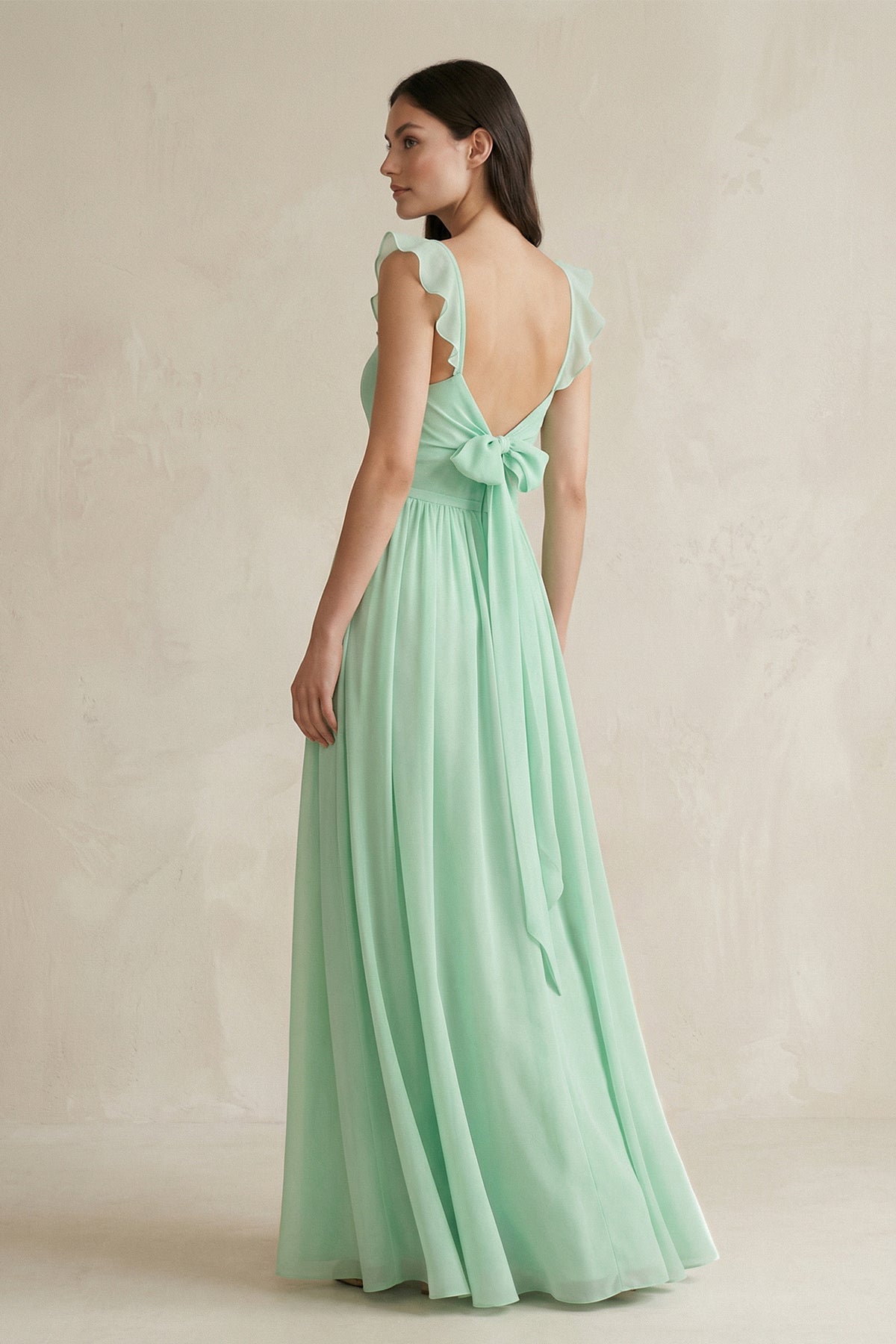 Ruffled Spaghetti Strap Chiffon A-Line Bridesmaid Dress in Pale Pistachio - SHE IS ME BRIDESMAID DRESSES