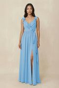 Ruffled V-Neck A-Line Chiffon Bridesmaid Dress in Steel Blue - SHE IS ME BRIDESMAID DRESSES