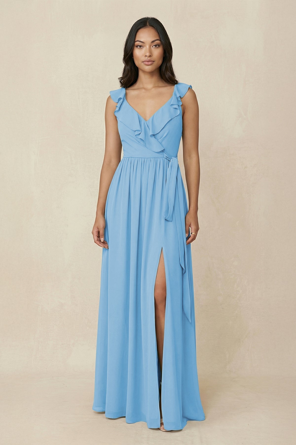 Ruffled V-Neck A-Line Chiffon Bridesmaid Dress in Steel Blue - SHE IS ME BRIDESMAID DRESSES