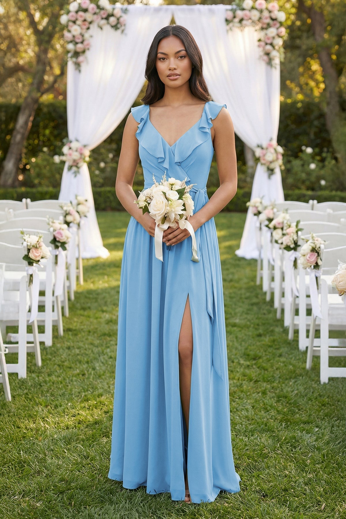Ruffled V-Neck A-Line Chiffon Bridesmaid Dress in Steel Blue - SHE IS ME BRIDESMAID DRESSES