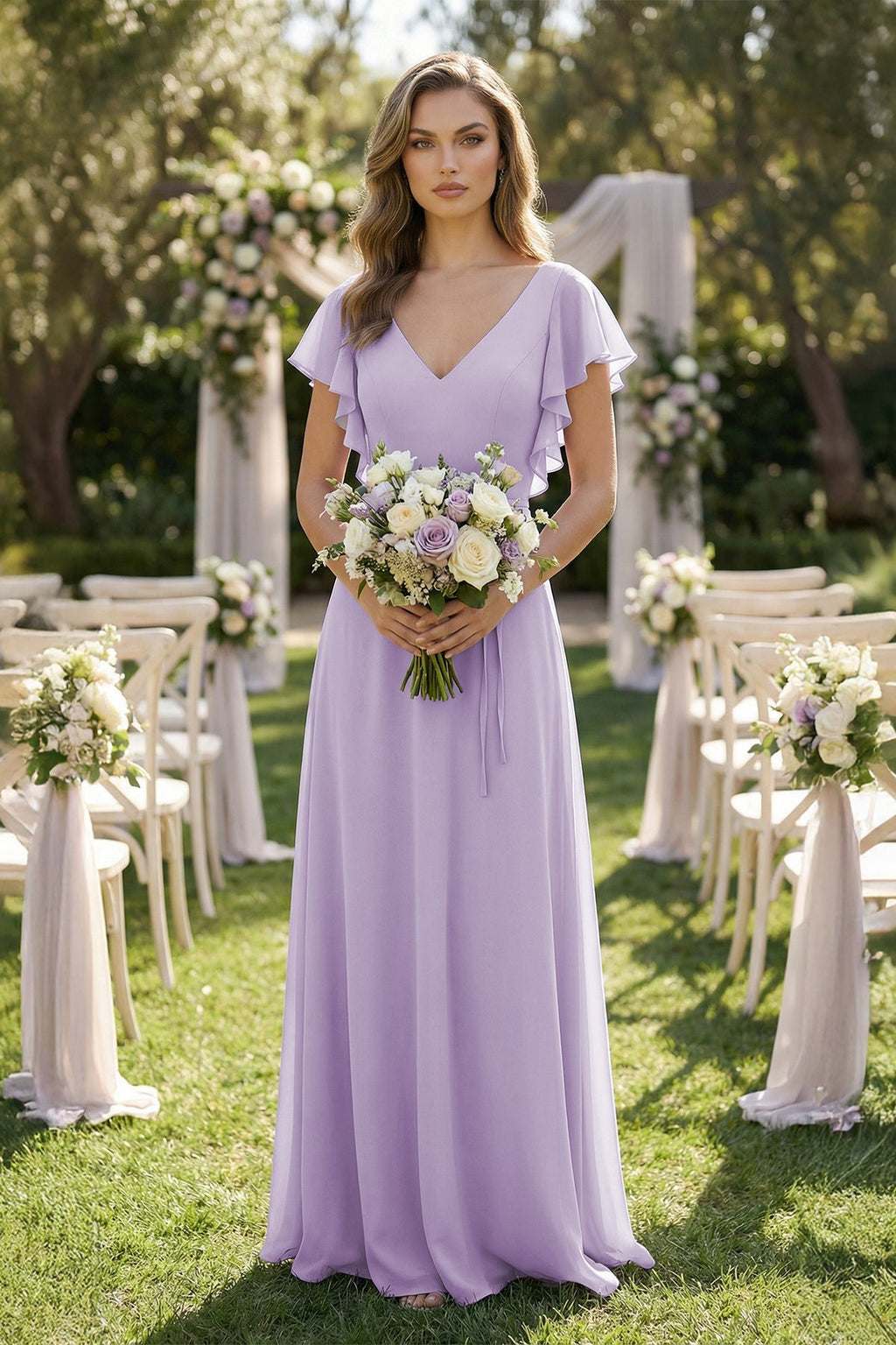 Ruffled V-Neck Chiffon A-Line Bridesmaid Dress in Lavender - SHE IS ME BRIDESMAID DRESSES