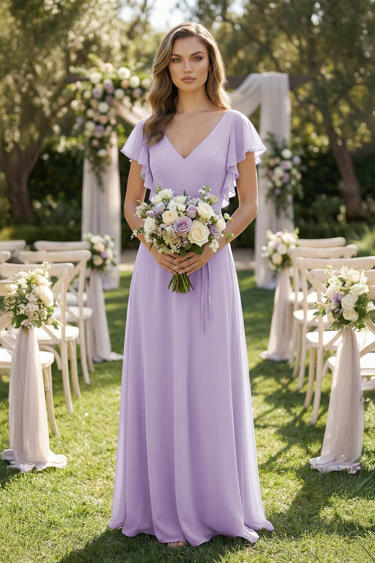 Ruffled V-Neck Chiffon A-Line Bridesmaid Dress in Lavender - SHE IS ME BRIDESMAID DRESSES
