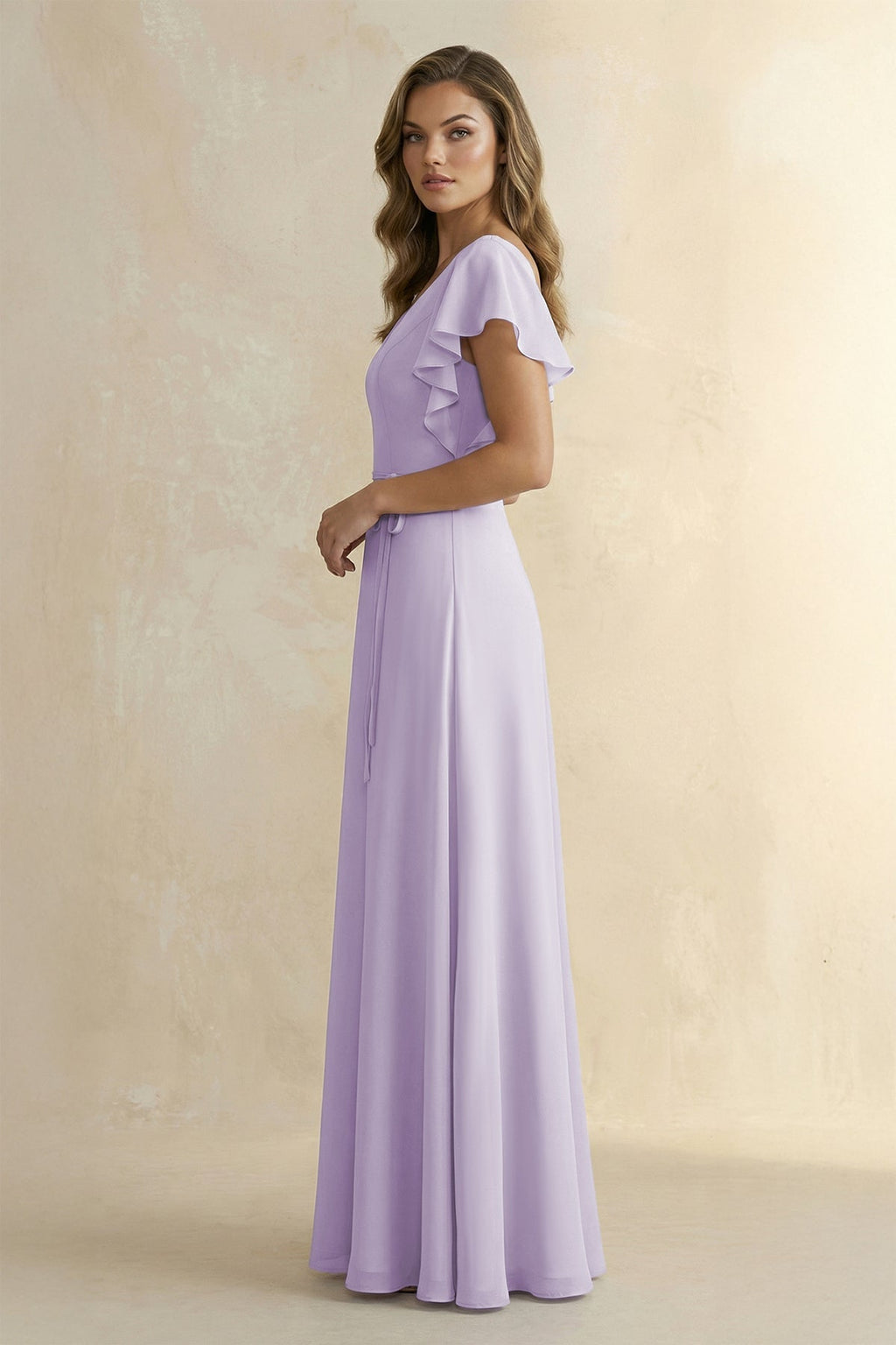 Ruffled V-Neck Chiffon A-Line Bridesmaid Dress in Lavender - SHE IS ME BRIDESMAID DRESSES
