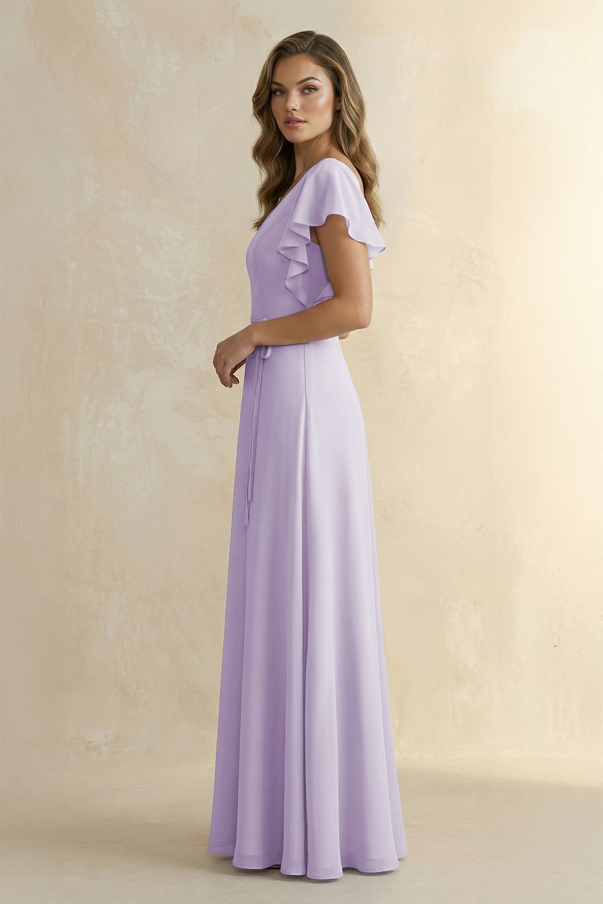 Ruffled V-Neck Chiffon A-Line Bridesmaid Dress in Lavender - SHE IS ME BRIDESMAID DRESSES