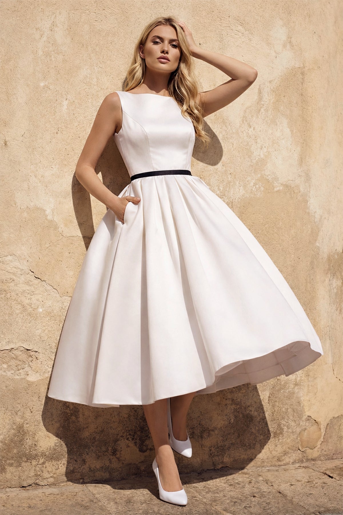 Satin A - Line Bateau Neck Midi Wedding Dress in White - SHE IS ME Wedding Dresses