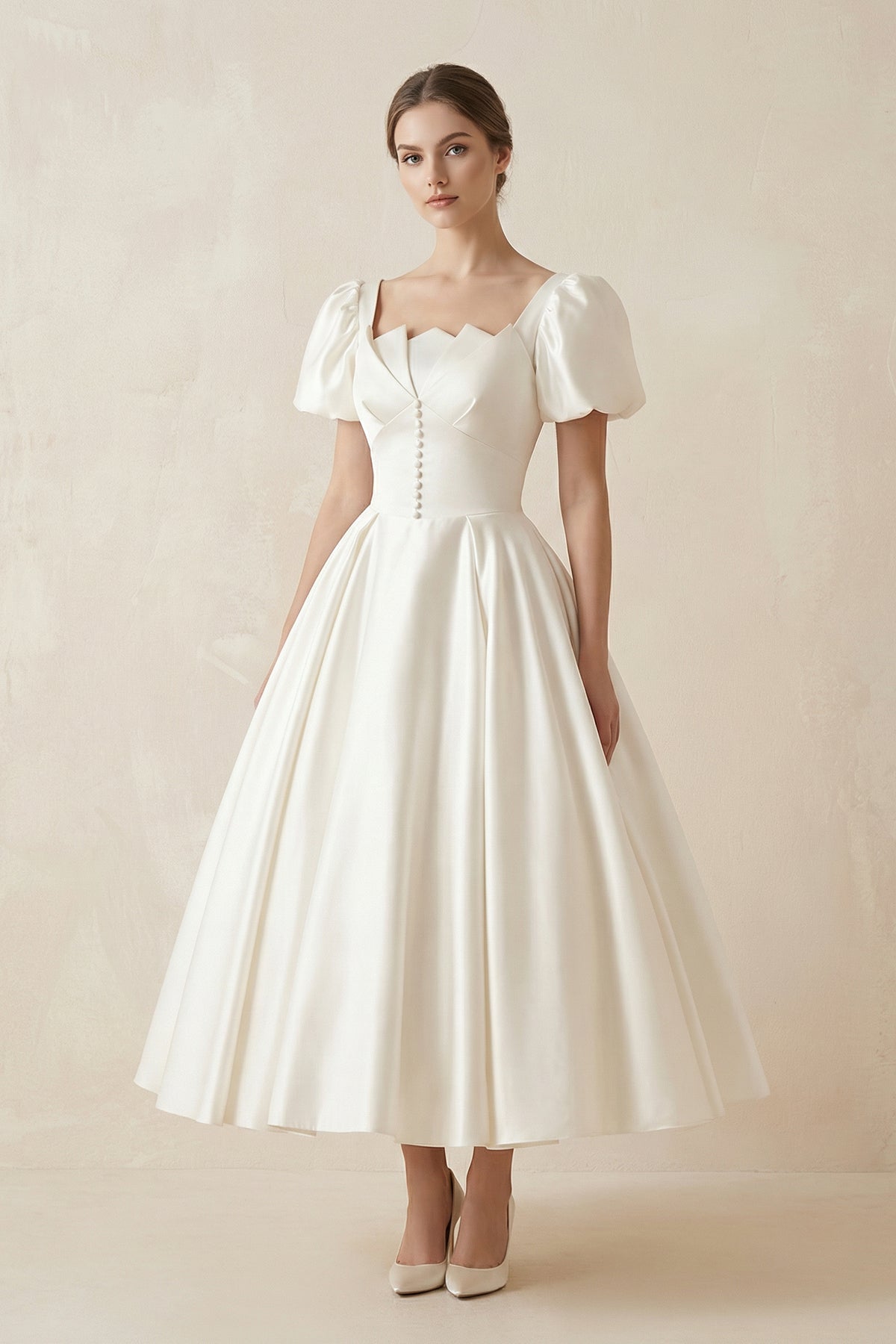 Satin Square Neck Short Sleeve Lace Up Wedding Dress in Ivory - SHE IS ME Wedding Dresses