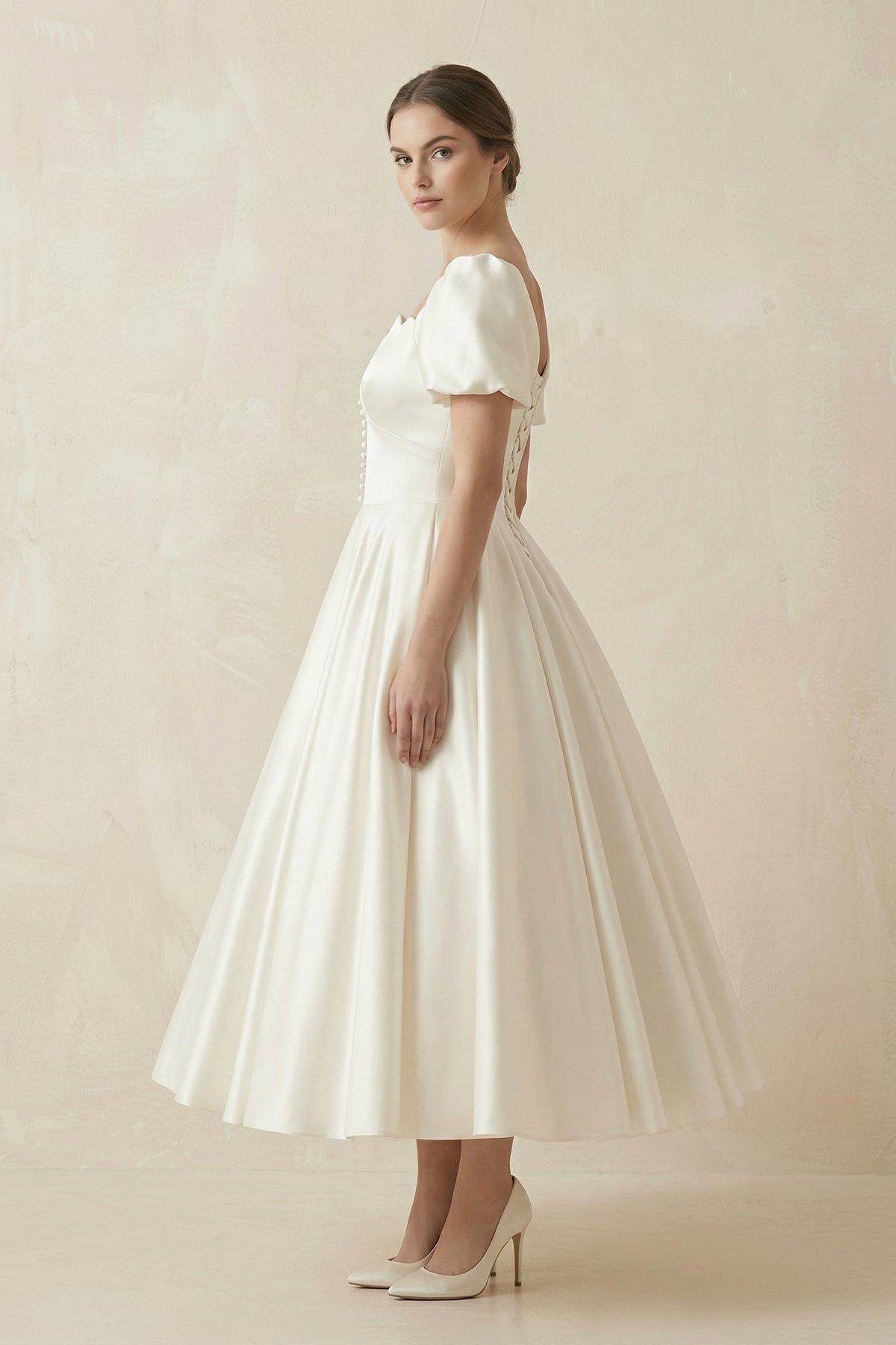Satin Square Neck Short Sleeve Lace Up Wedding Dress in Ivory - SHE IS ME Wedding Dresses