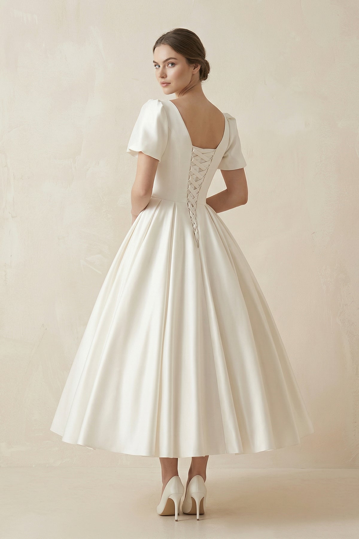 Satin Square Neck Short Sleeve Lace Up Wedding Dress in Ivory - SHE IS ME Wedding Dresses