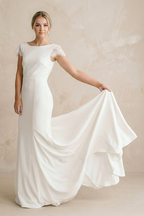Sheath Bateau Neck Cap Sleeve Ivory Satin Wedding Dress - SHE IS ME Wedding Dresses