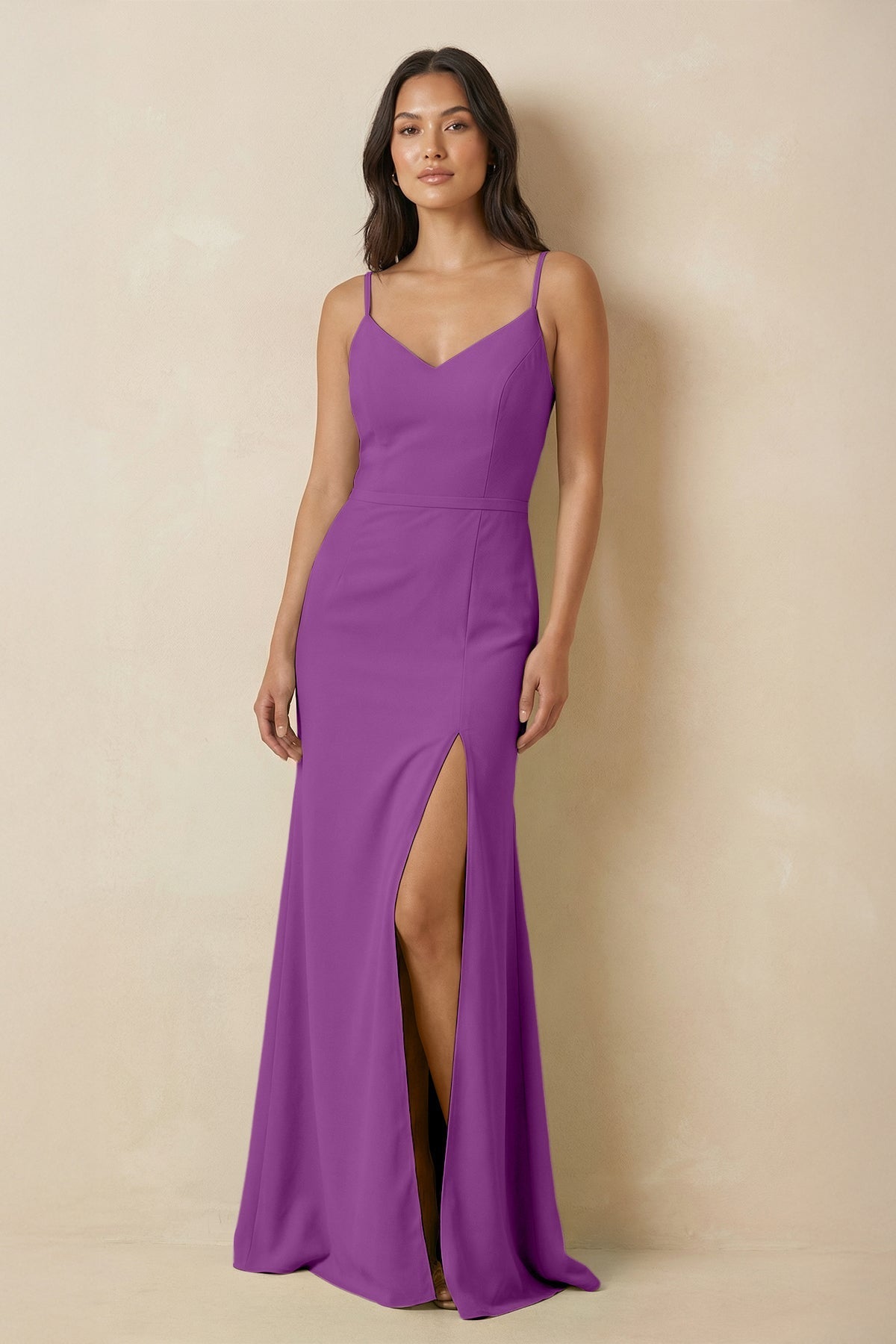 Sheath Cami Strap Chiffon Bridesmaid Dress with Slit in Amethyst - SHE IS ME Bridesmaid Dresses