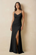 Sheath Cami Strap Chiffon Bridesmaid Dress with Slit in Black - SHE IS ME Bridesmaid Dresses