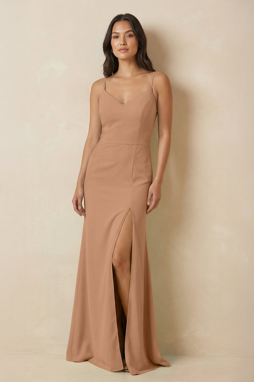 Sheath Cami Strap Chiffon Bridesmaid Dress with Slit in Bronzer - SHE IS ME Bridesmaid Dresses