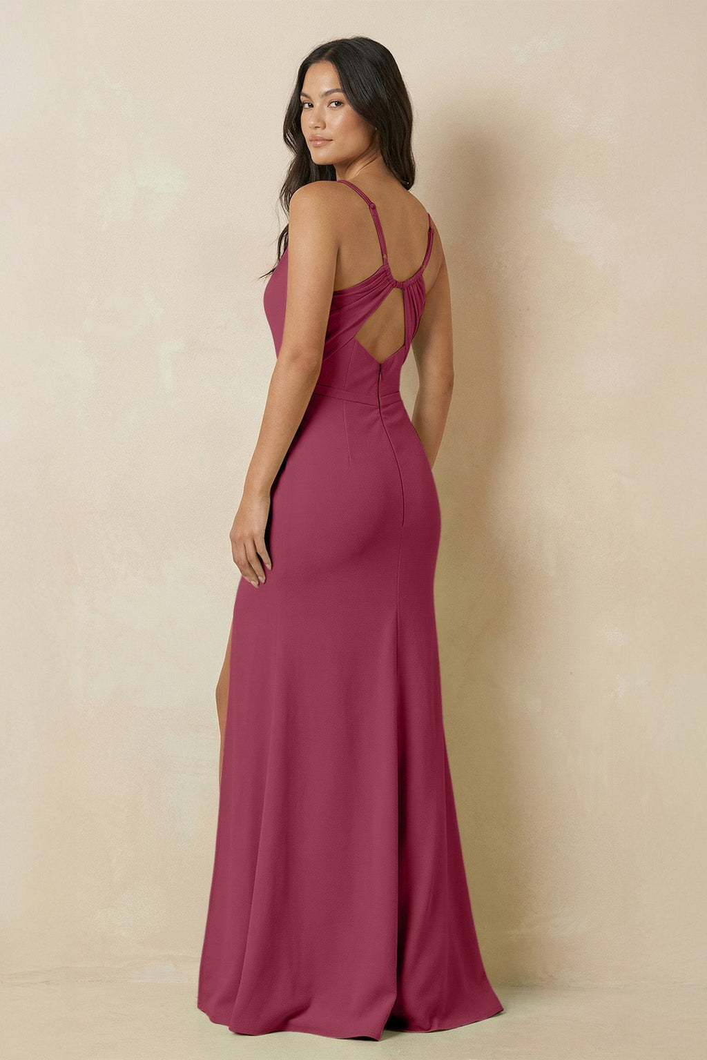 Sheath Cami Strap Chiffon Bridesmaid Dress with Slit in Desert Rose - SHE IS ME Bridesmaid Dresses
