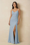 Sheath Cami Strap Chiffon Bridesmaid Dress with Slit in Dusty Blue - SHE IS ME Bridesmaid Dresses