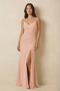 Sheath Cami Strap Chiffon Bridesmaid Dress with Slit in English Rose - SHE IS ME Bridesmaid Dresses