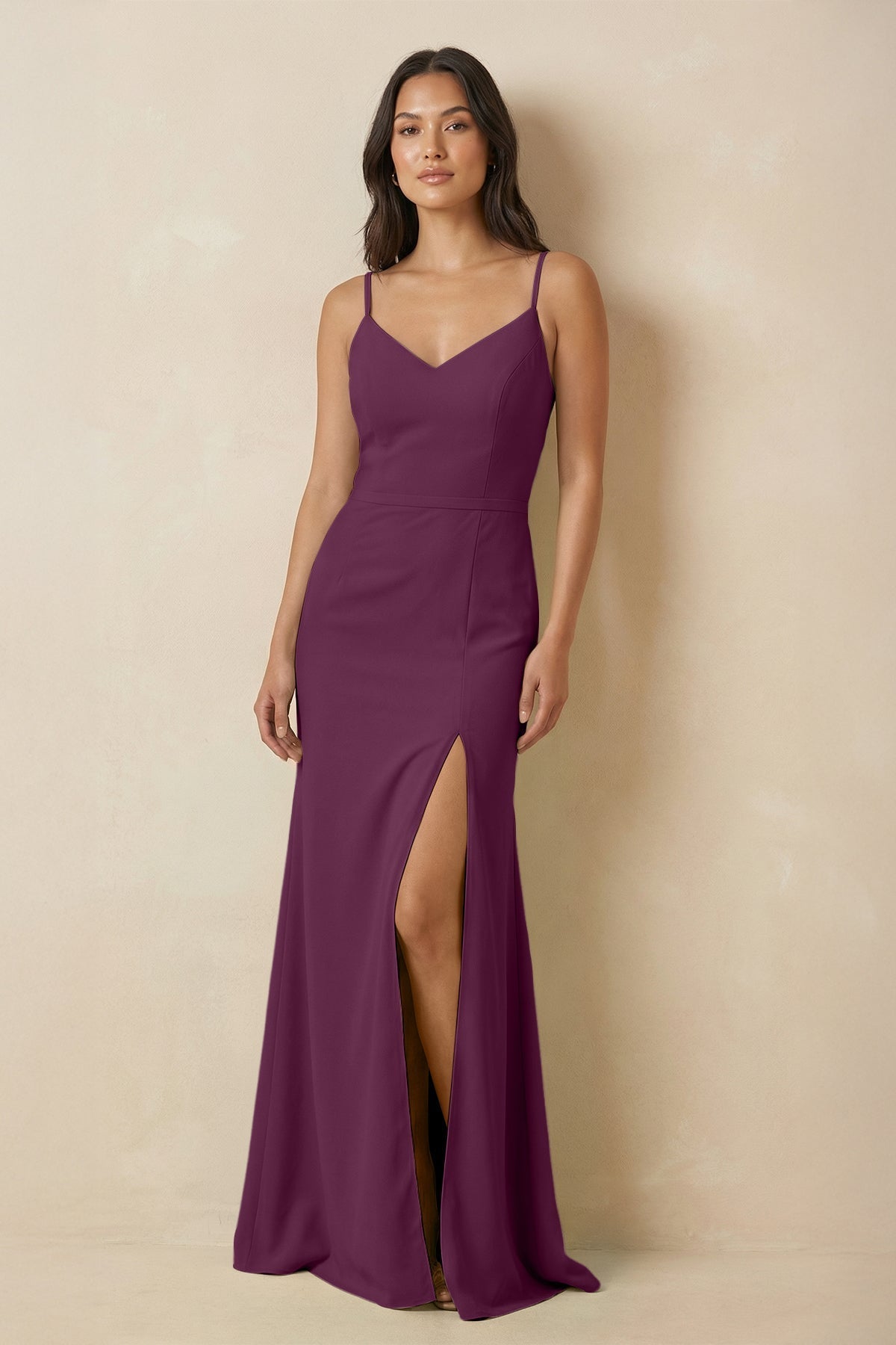 Sheath Cami Strap Chiffon Bridesmaid Dress with Slit in Fig - SHE IS ME Bridesmaid Dresses