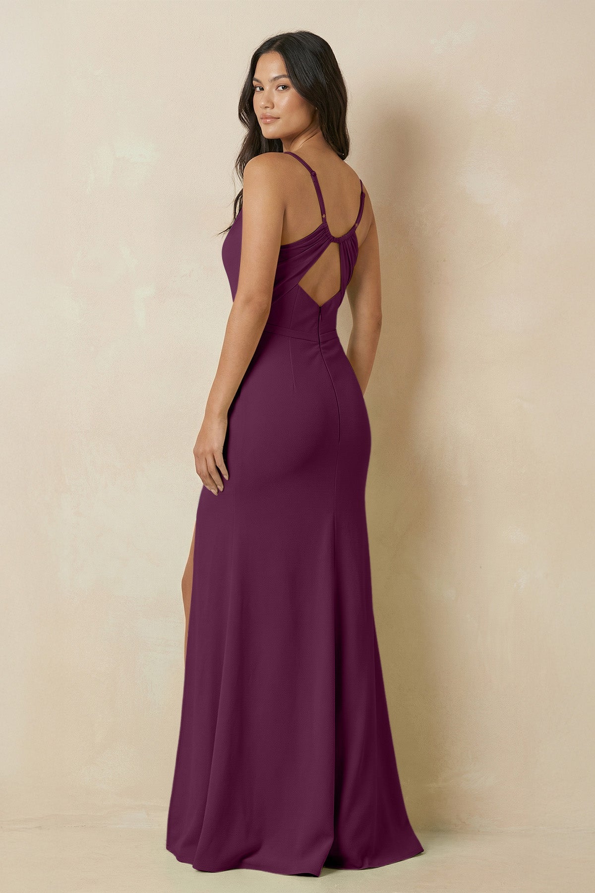 Sheath Cami Strap Chiffon Bridesmaid Dress with Slit in Fig - SHE IS ME Bridesmaid Dresses