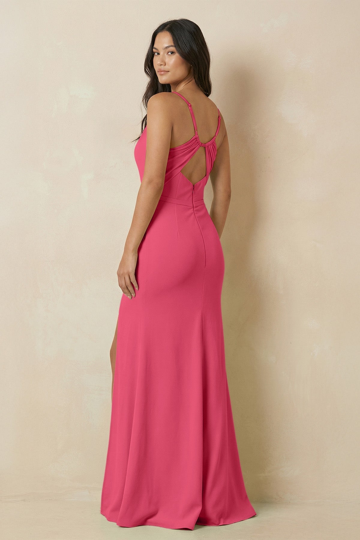 Sheath Cami Strap Chiffon Bridesmaid Dress with Slit in Fuchsia - SHE IS ME Bridesmaid Dresses