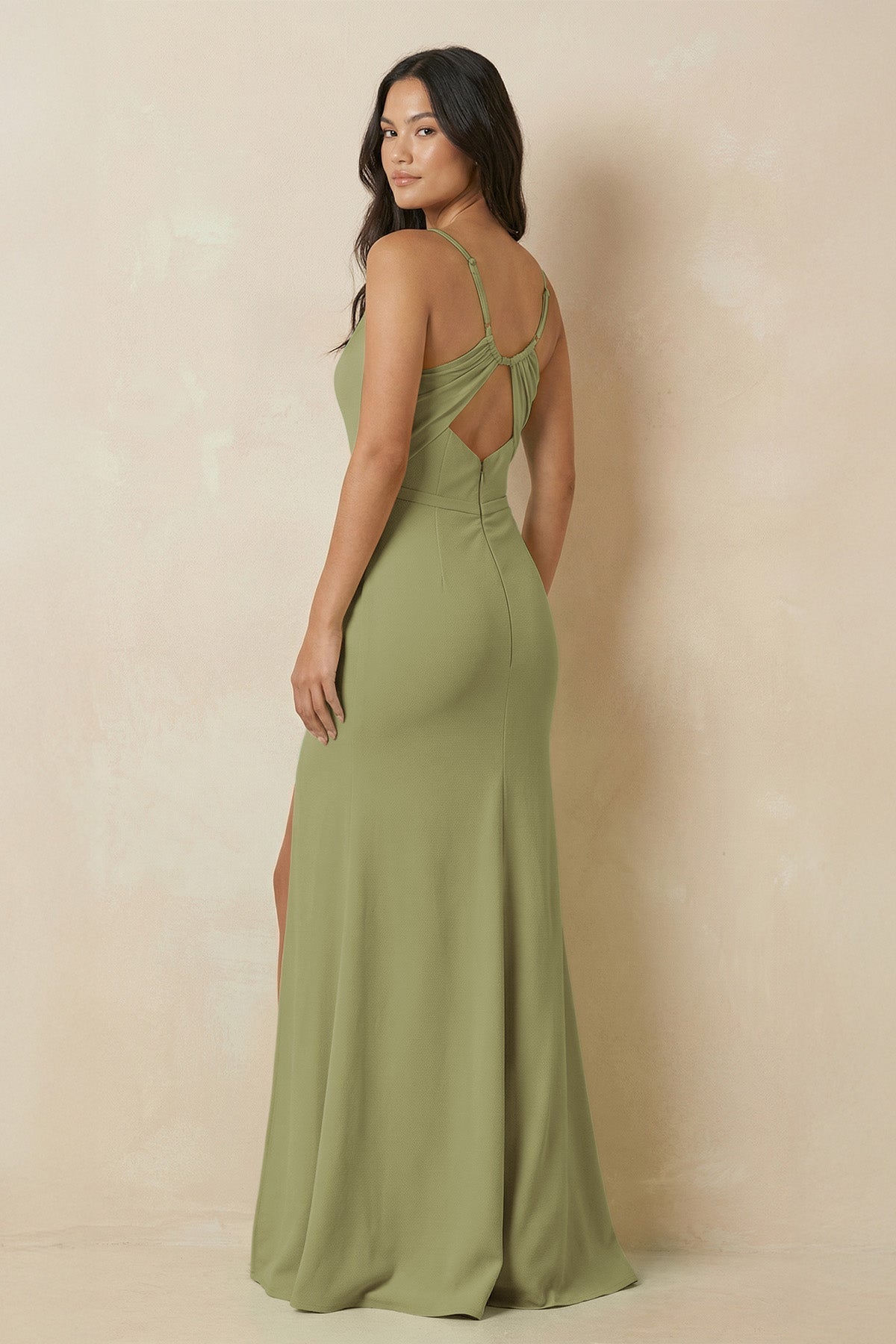 Sheath Cami Strap Chiffon Bridesmaid Dress with Slit in Moss Green - SHE IS ME Bridesmaid Dresses