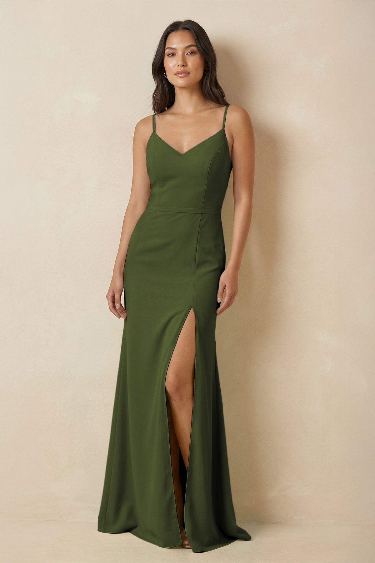 Sheath Cami Strap Chiffon Bridesmaid Dress with Slit in Olive - SHE IS ME Bridesmaid Dresses