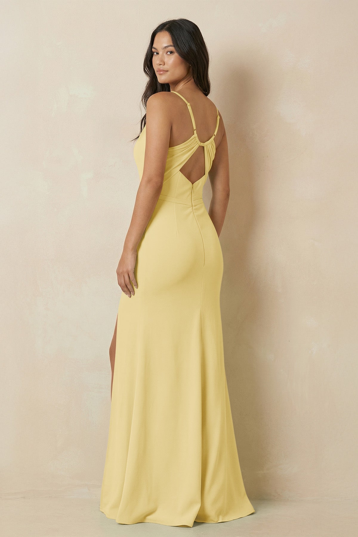 Sheath Cami Strap Chiffon Bridesmaid Dress with Slit in Pastel Yellow - SHE IS ME Bridesmaid Dresses