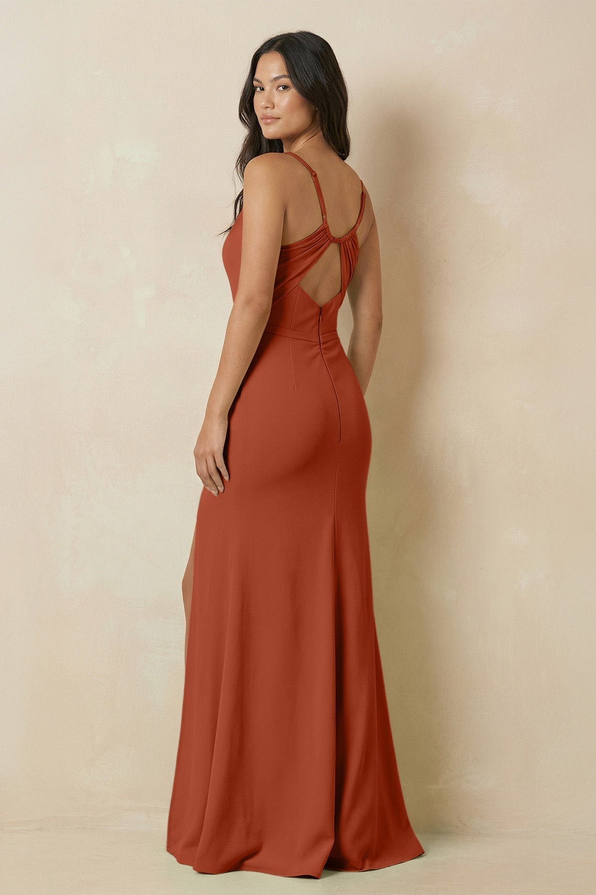 Sheath Cami Strap Chiffon Bridesmaid Dress with Slit in Spice - SHE IS ME Bridesmaid Dresses