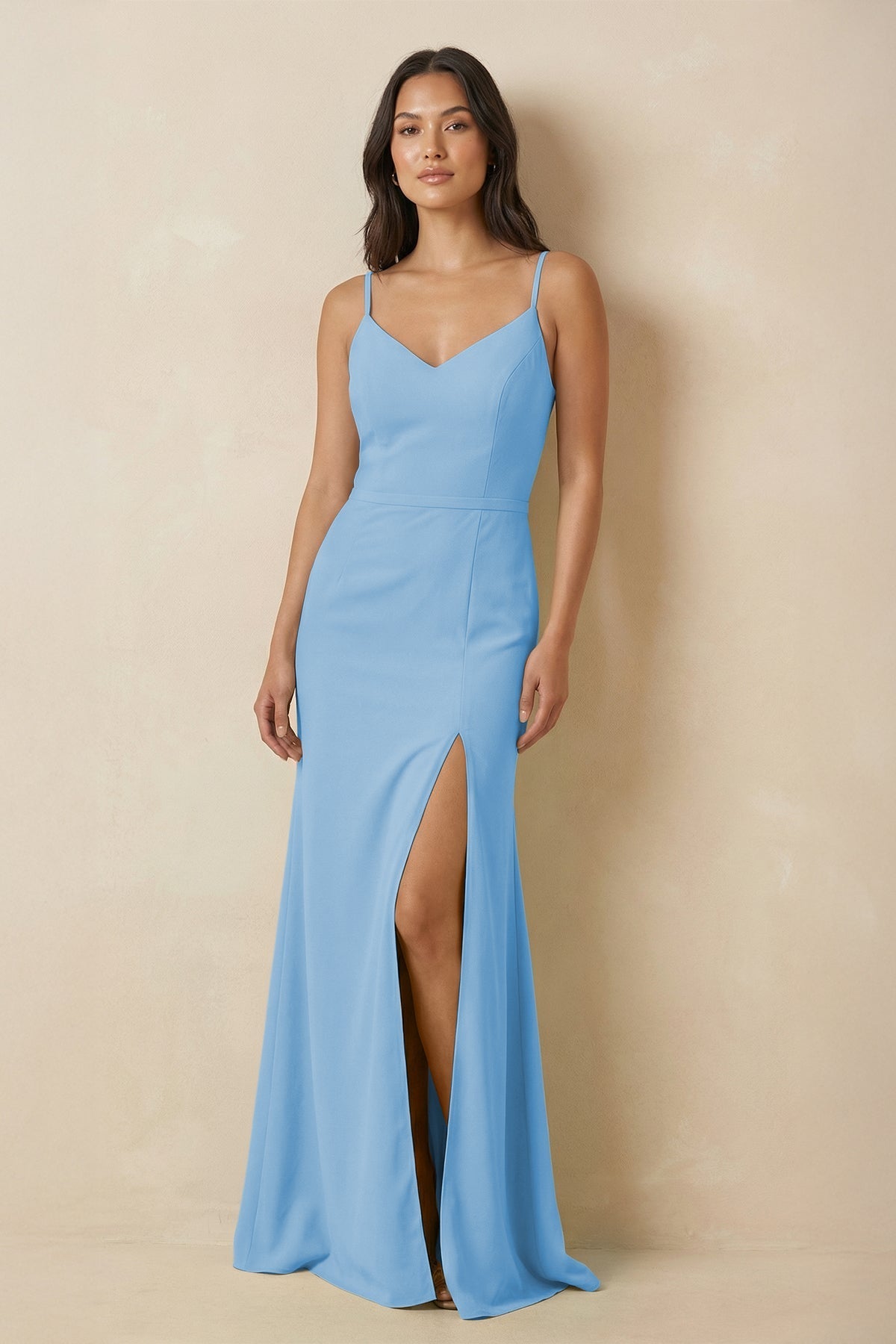 Sheath Cami Strap Chiffon Bridesmaid Dress with Slit in Steel Blue - SHE IS ME Bridesmaid Dresses