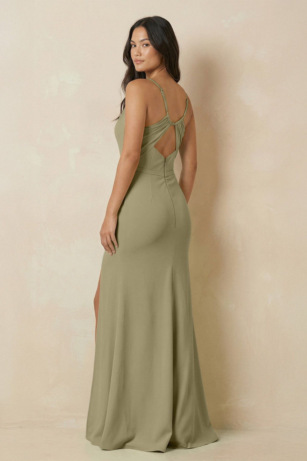 Sheath Cami Strap Chiffon Bridesmaid Dress with Slit in Thyme - SHE IS ME Bridesmaid Dresses