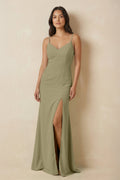 Sheath Cami Strap Chiffon Bridesmaid Dress with Slit in Thyme - SHE IS ME Bridesmaid Dresses