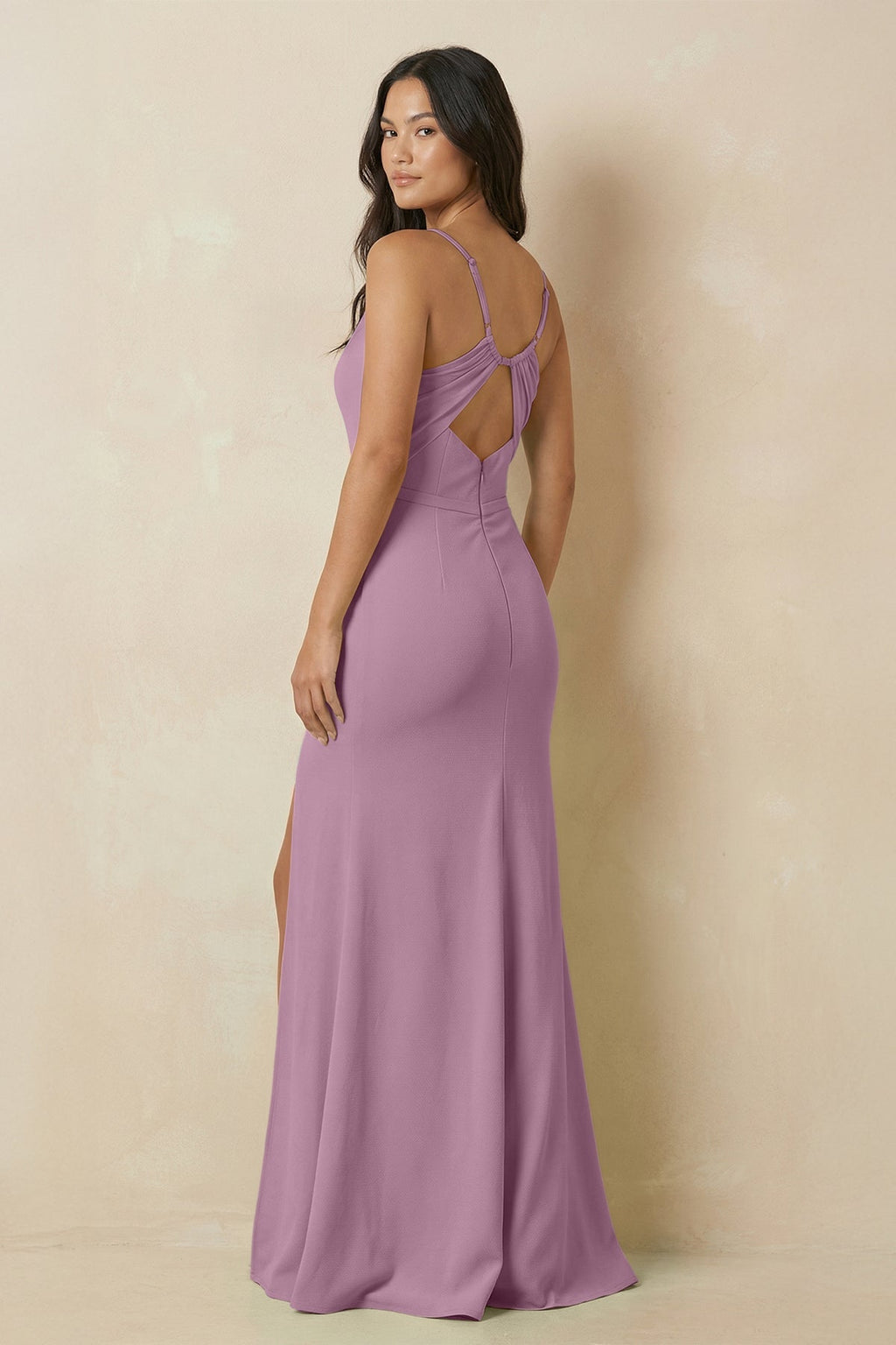 Sheath Cami Strap Chiffon Bridesmaid Dress with Slit in Wisteria - SHE IS ME Bridesmaid Dresses