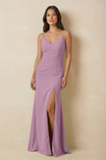 Sheath Cami Strap Chiffon Bridesmaid Dress with Slit in Wisteria - SHE IS ME Bridesmaid Dresses