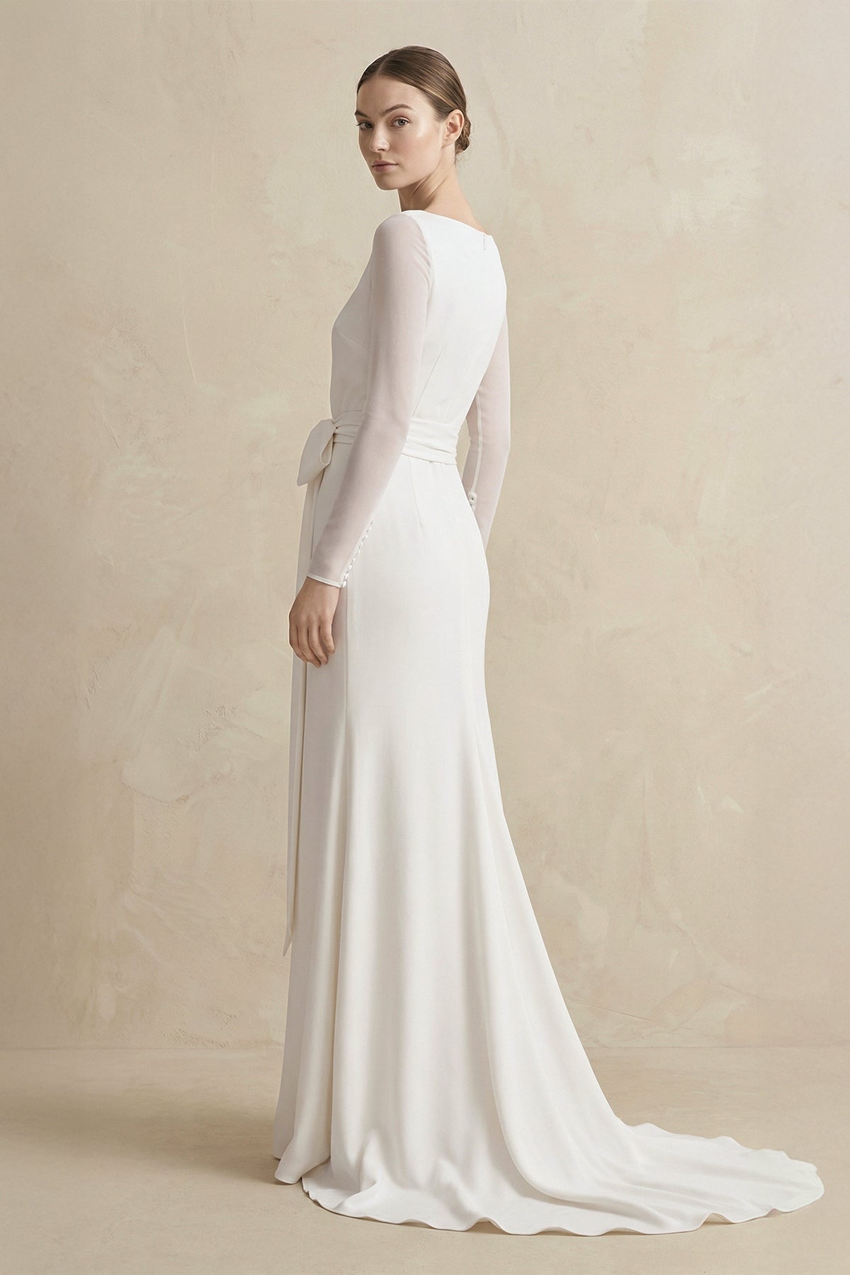 Sheath Chiffon Bateau Long Sleeve Wedding Dress in White - SHE IS ME Wedding Dresses