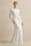 Sheath Chiffon Bateau Long Sleeve Wedding Dress in White - SHE IS ME Wedding Dresses
