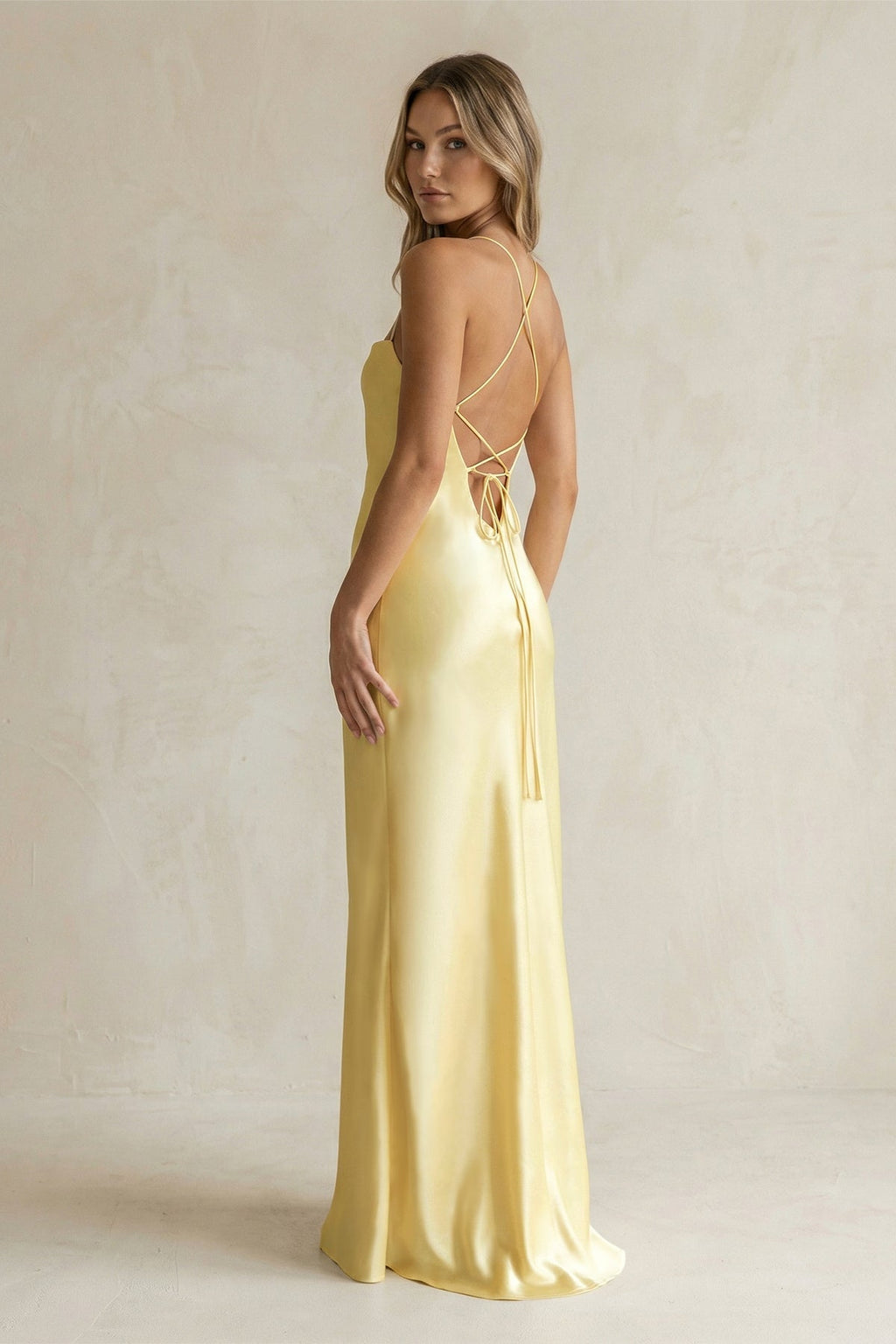 Sheath Satin Spaghetti Strap Bridesmaid Dress in Pastel Yellow - SHE IS ME Bridesmaid Dresses