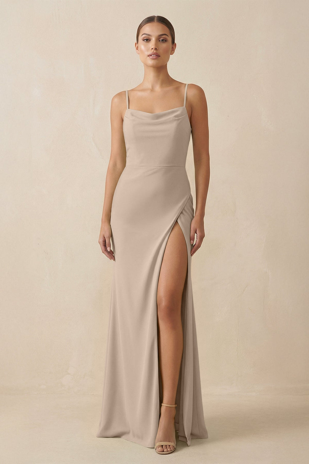 Sheath Spaghetti Straps Chiffon Long Bridesmaid Dress in Almond - SHE IS ME Bridesmaid Dresses