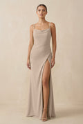 Sheath Spaghetti Straps Chiffon Long Bridesmaid Dress in Almond - SHE IS ME Bridesmaid Dresses