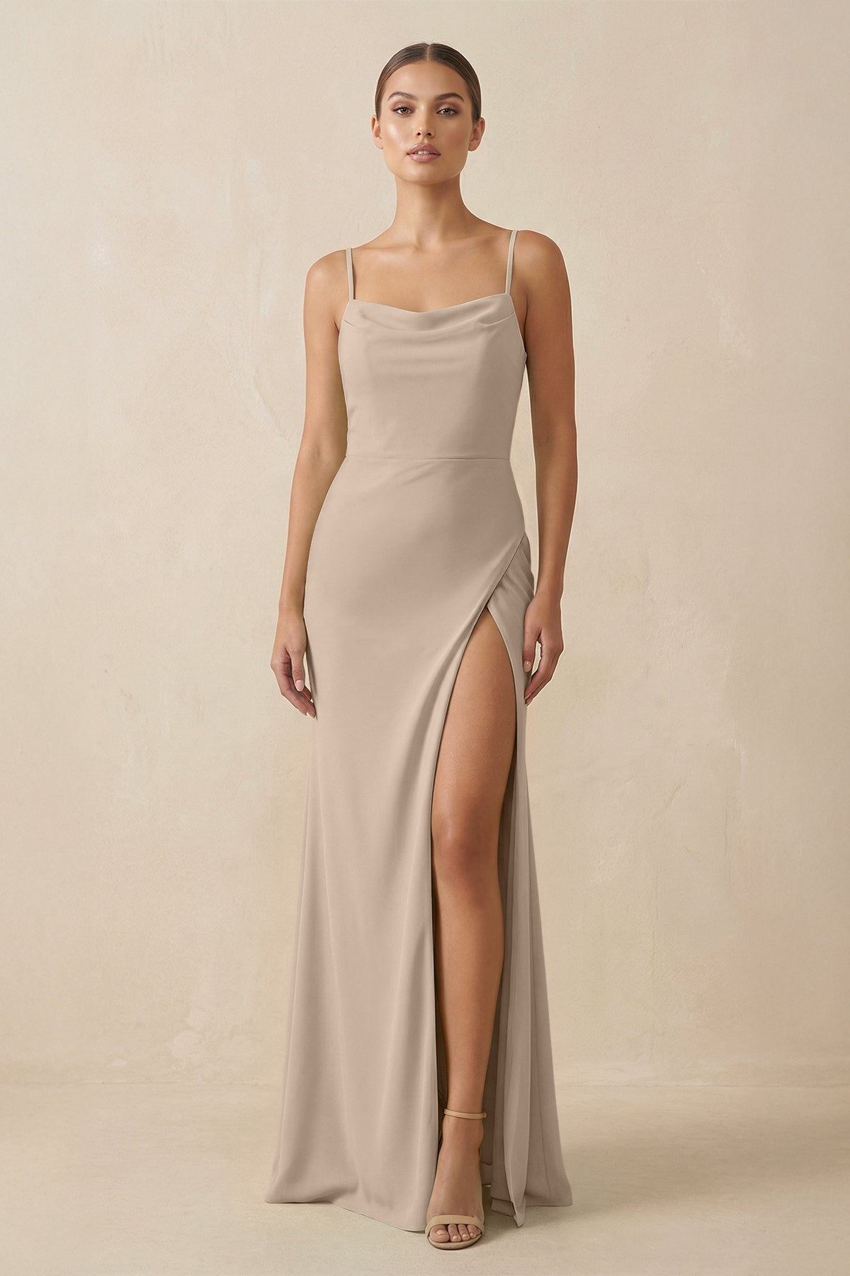 Sheath Spaghetti Straps Chiffon Long Bridesmaid Dress in Almond - SHE IS ME Bridesmaid Dresses