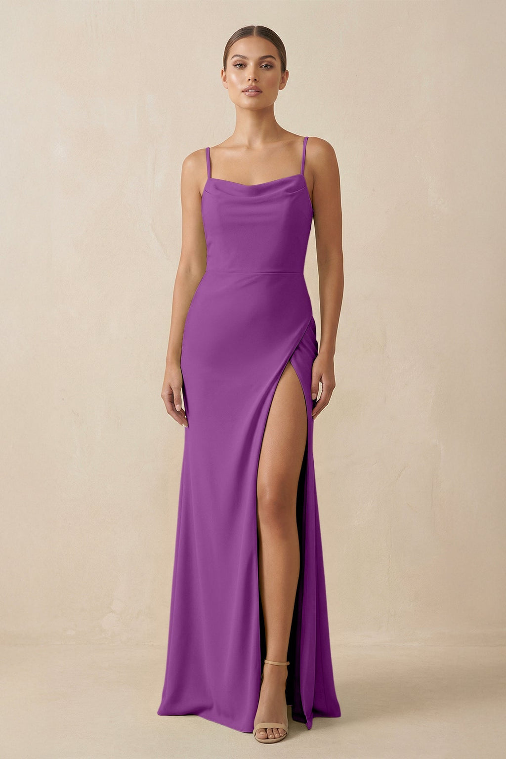 Sheath Spaghetti Straps Chiffon Long Bridesmaid Dress in Amethyst - SHE IS ME Bridesmaid Dresses
