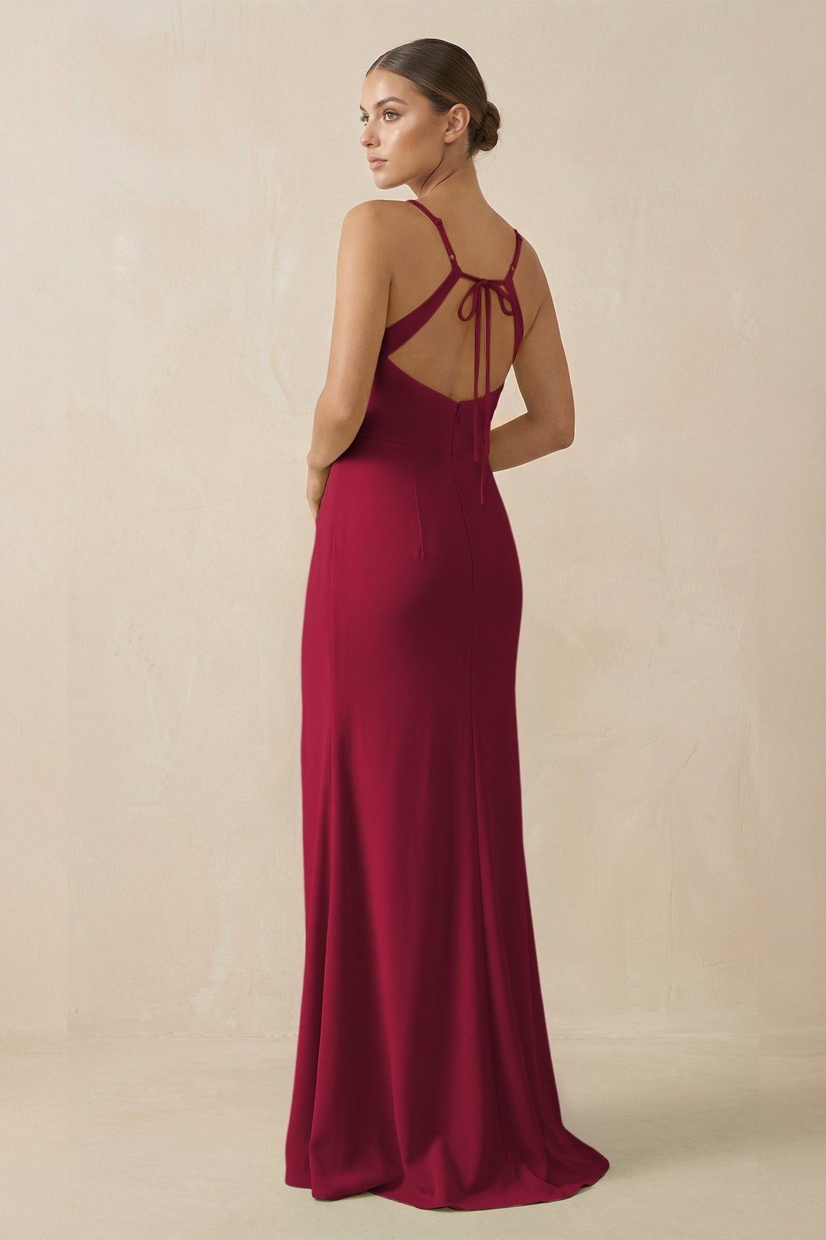 Sheath Spaghetti Straps Chiffon Long Bridesmaid Dress in Berry - SHE IS ME Bridesmaid Dresses